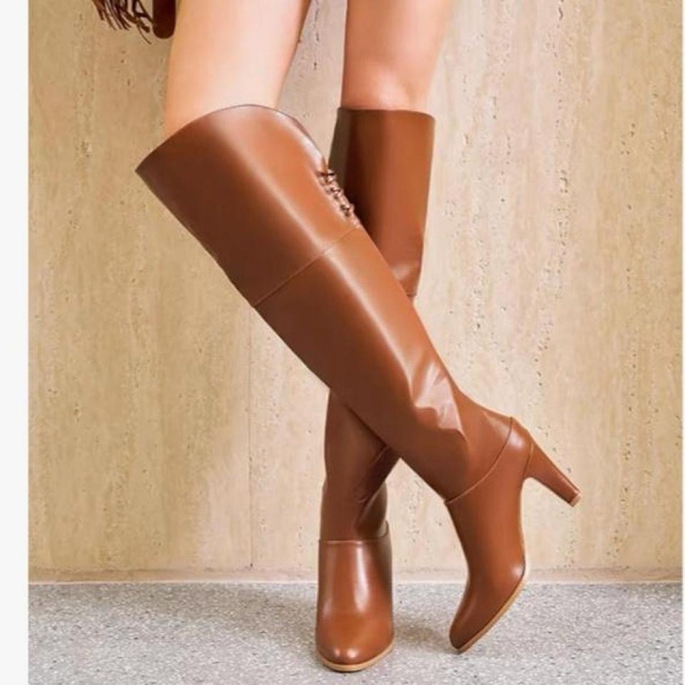 Coutgo Womens Thigh High Boots Pointed Toe Chunky Heel Wide Calf - Picture 5 of 8